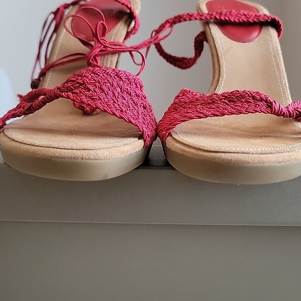 COLE HAAN Lyris Red Macrame Woven Sandal Rope Open Toe Ankle Wrap Cork Heel - Picture 6 of 8